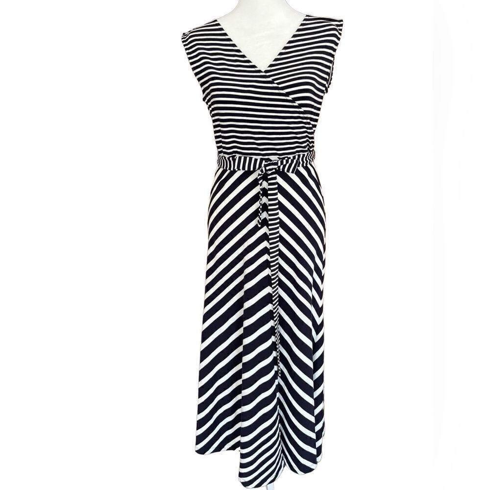Talbots Petites Navy/White Diagonal Stripe
 faux wrap top tie waist maxi dress